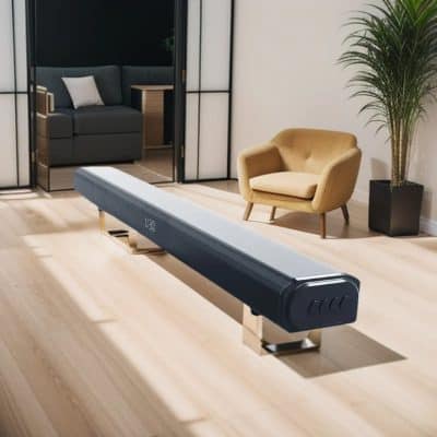 Wireless soundbar placed in modern living room for premium audio experience.