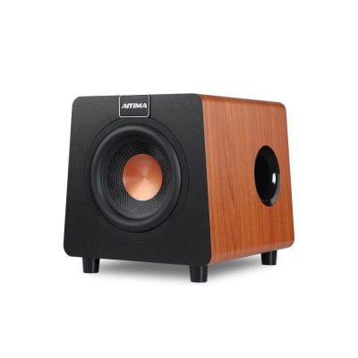 Wooden bookshelf speaker for home theater and music listening, featuring high-quality audio output and sleek design. Perfect for enhancing your audio experience at Monalisa Medical.