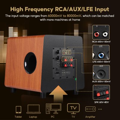 High frequency RCA/AUX/LFE input ports on a portable speaker with multiple connectivity options, ideal for home audio systems, TV, PC, and amplifier setups.