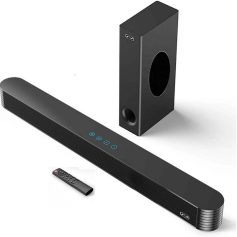 Wireless soundbar with remote control and subwoofer for home theater audio enhancement.