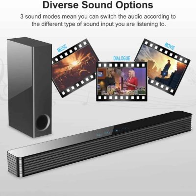 HD soundbar and subwoofer set for home theater audio, featuring multiple sound modes including music, dialogue, and movie options, ideal for enhancing your entertainment experience.