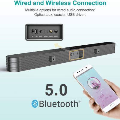 Bluetooth-enabled soundbar with multiple wired and wireless audio connection options, including optical, AUX, coaxial, and USB, designed for high-quality audio experience.