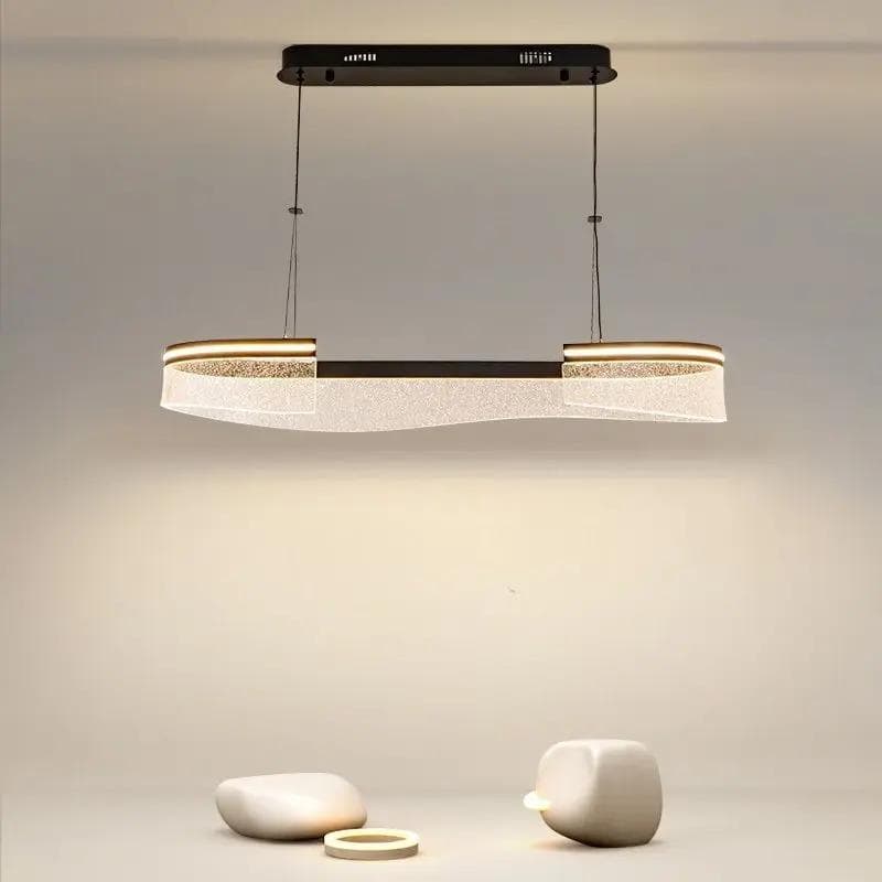 Contemporary LED pendant light fixture hanging from ceiling with minimalist design, ideal for modern interior decor.