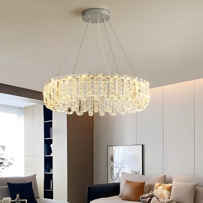 Elegant crystal chandelier hanging from a modern ceiling fixture in a stylish living room, enhancing space ambiance with luxury decor, perfect for upscale interior design.