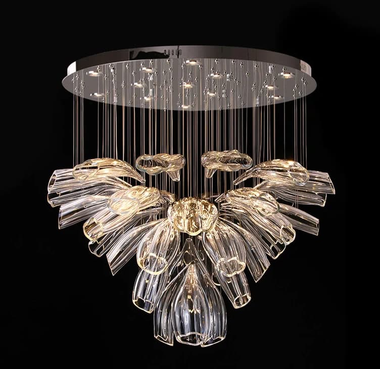 Elegant modern glass chandelier with integrated LED lighting, perfect for upscale interiors and luxury lighting decor.