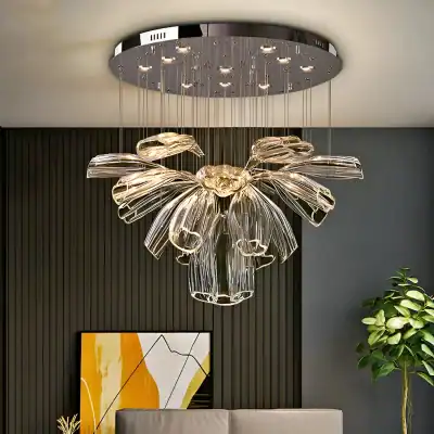 Stylish modern chandelier with glass petals, elegant lighting fixture for upscale interior decor at Monalisa Medical store or waiting area.