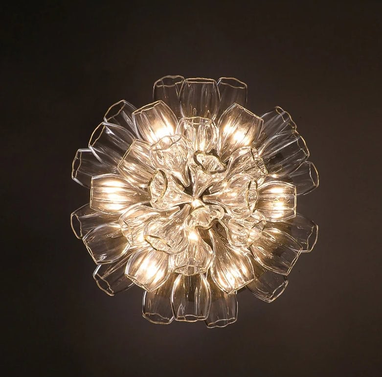 Elegant glass flower chandelier with integrated LED lighting, perfect for luxurious modern interiors. Monalisa Medical offers stylish lighting solutions to elevate your space.