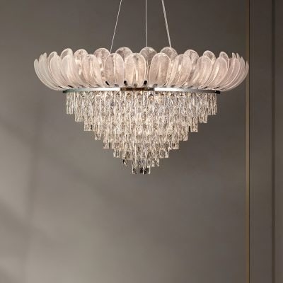Elegant crystal chandelier with a floral-inspired glass design, perfect for luxurious interior lighting and home decor. Ideal for living rooms, dining areas, and upscale spaces.