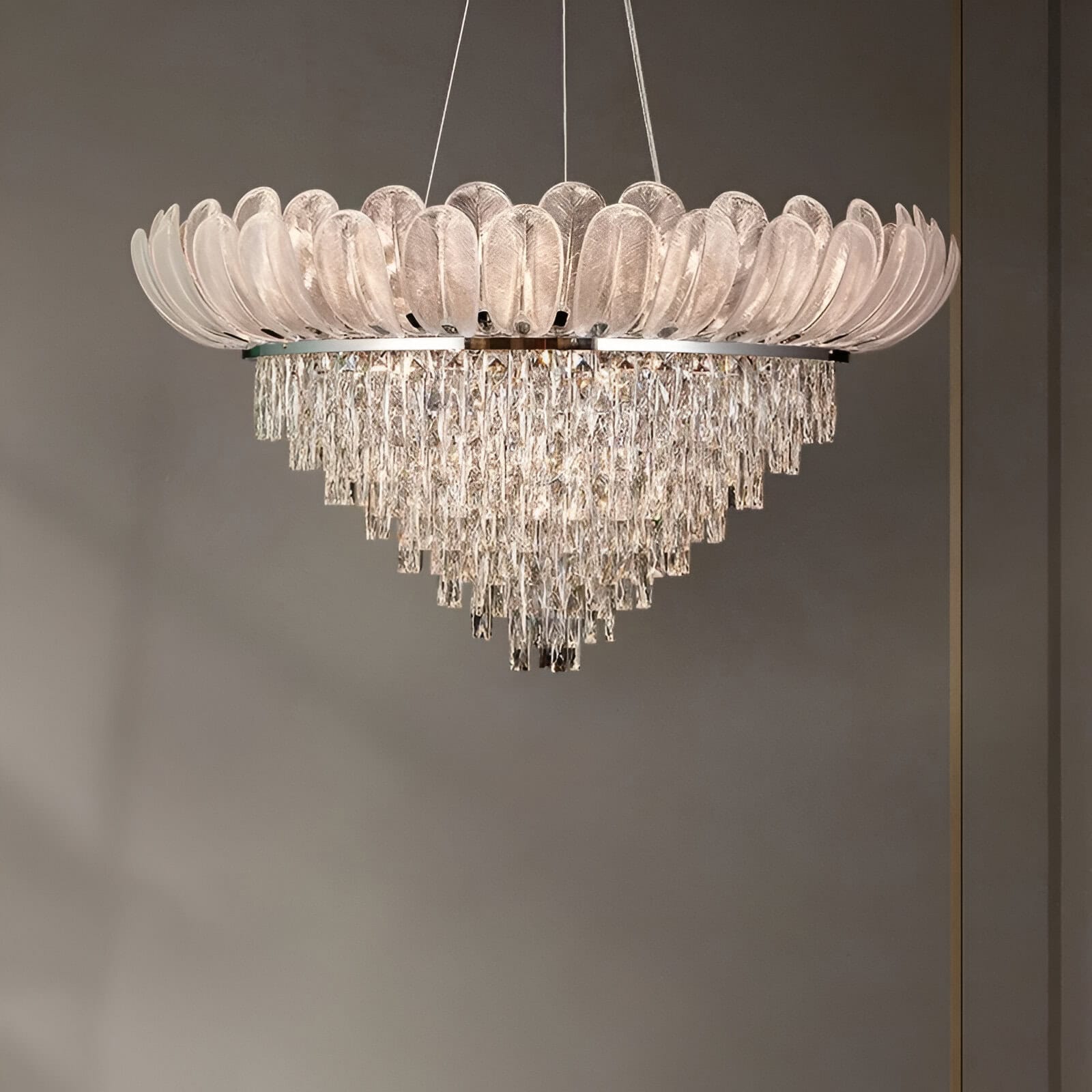 Elegant crystal chandelier with a floral-inspired glass design, perfect for luxurious interior lighting and home decor. Ideal for living rooms, dining areas, and upscale spaces.