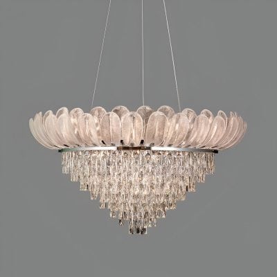 Elegant crystal chandelier with floral-inspired glass petals, perfect for upscale interior decor and luxury lighting solutions. Ideal for living rooms, dining areas, or hotel lobbies.