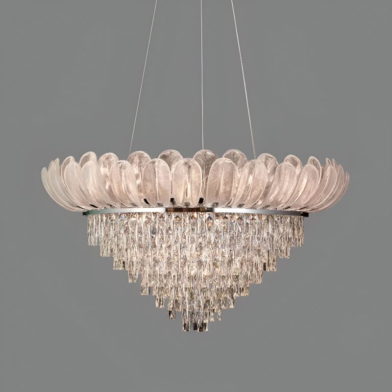 Elegant crystal chandelier with floral-inspired glass petals, perfect for upscale interior decor and luxury lighting solutions. Ideal for living rooms, dining areas, or hotel lobbies.