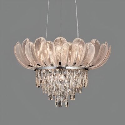 Elegant crystal chandelier with a floral-inspired design, perfect for luxurious interiors and decorative lighting. Features shimmering glass elements and intricate craftsmanship.
