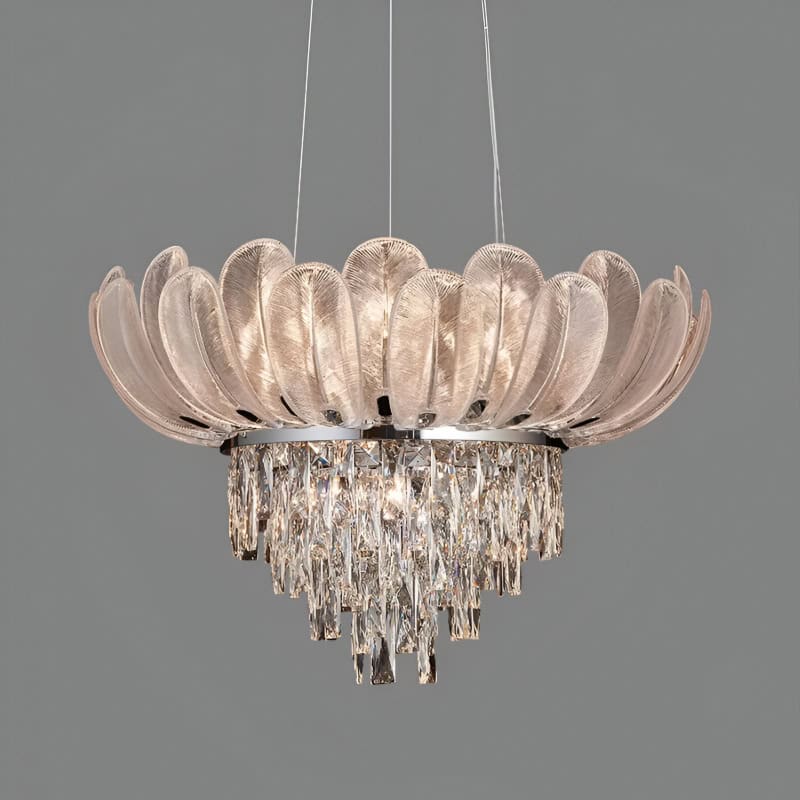 Elegant crystal chandelier with a floral-inspired design, perfect for luxurious interiors and decorative lighting. Features shimmering glass elements and intricate craftsmanship.