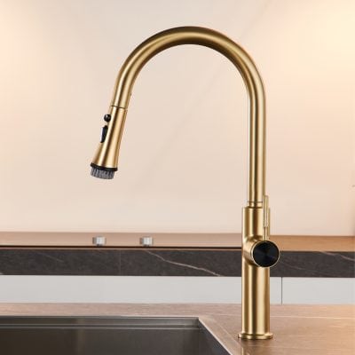 Sleek gold kitchen faucet with modern design and pull-down sprayer, perfect for stylish kitchen renovations and high-end kitchen fixtures.
