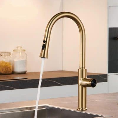 Sleek gold kitchen faucet with touch control, modern design, and LED indicator, ideal for luxury home kitchens and modern interior decor, Monalisa Store.