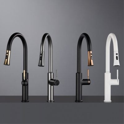 Black modern kitchen faucet with gold accents, stainless steel faucet, matte black sink tap, matte white kitchen mixer tap, elegant and contemporary kitchen sink accessories.