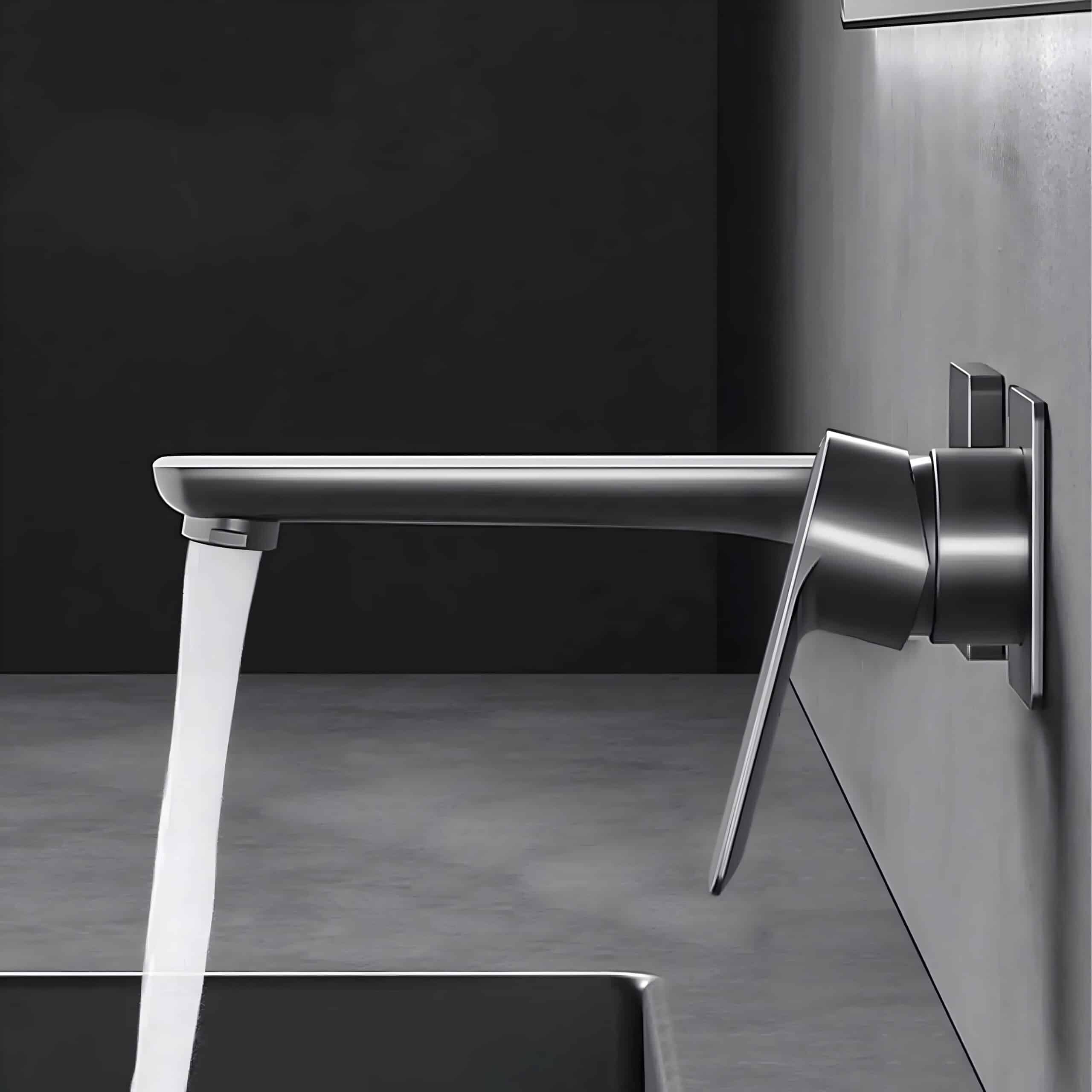 Polished modern stainless steel faucet in a sleek bathroom sink, with water flowing, emphasizing contemporary bathroom fixtures and high-quality plumbing accessories.