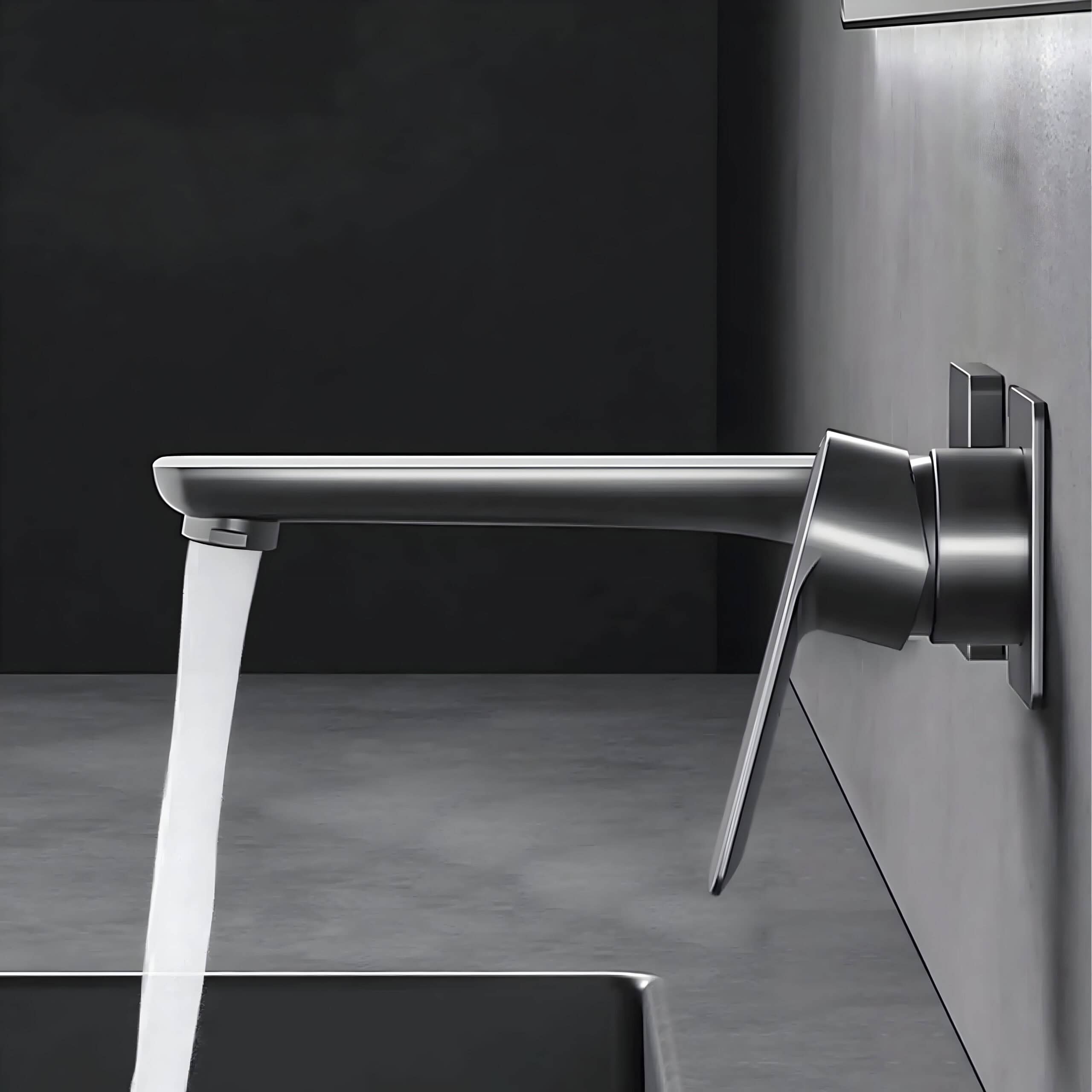 Modern stainless steel water faucet with a sleek design, mounted on a wall with water flowing into a sink, ideal for home or commercial kitchens, emphasizing durability and contemporary style.