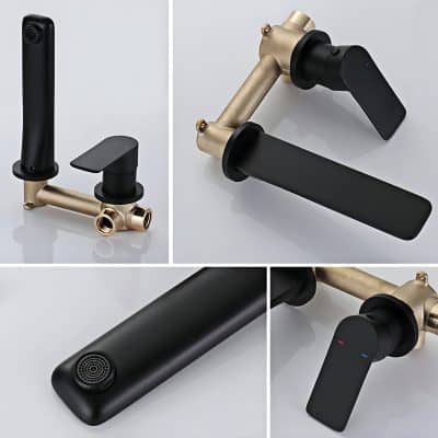 Modern black and gold kitchen faucet set with touch and temperature control features, designed for stylish and functional kitchen or bathroom renovations.