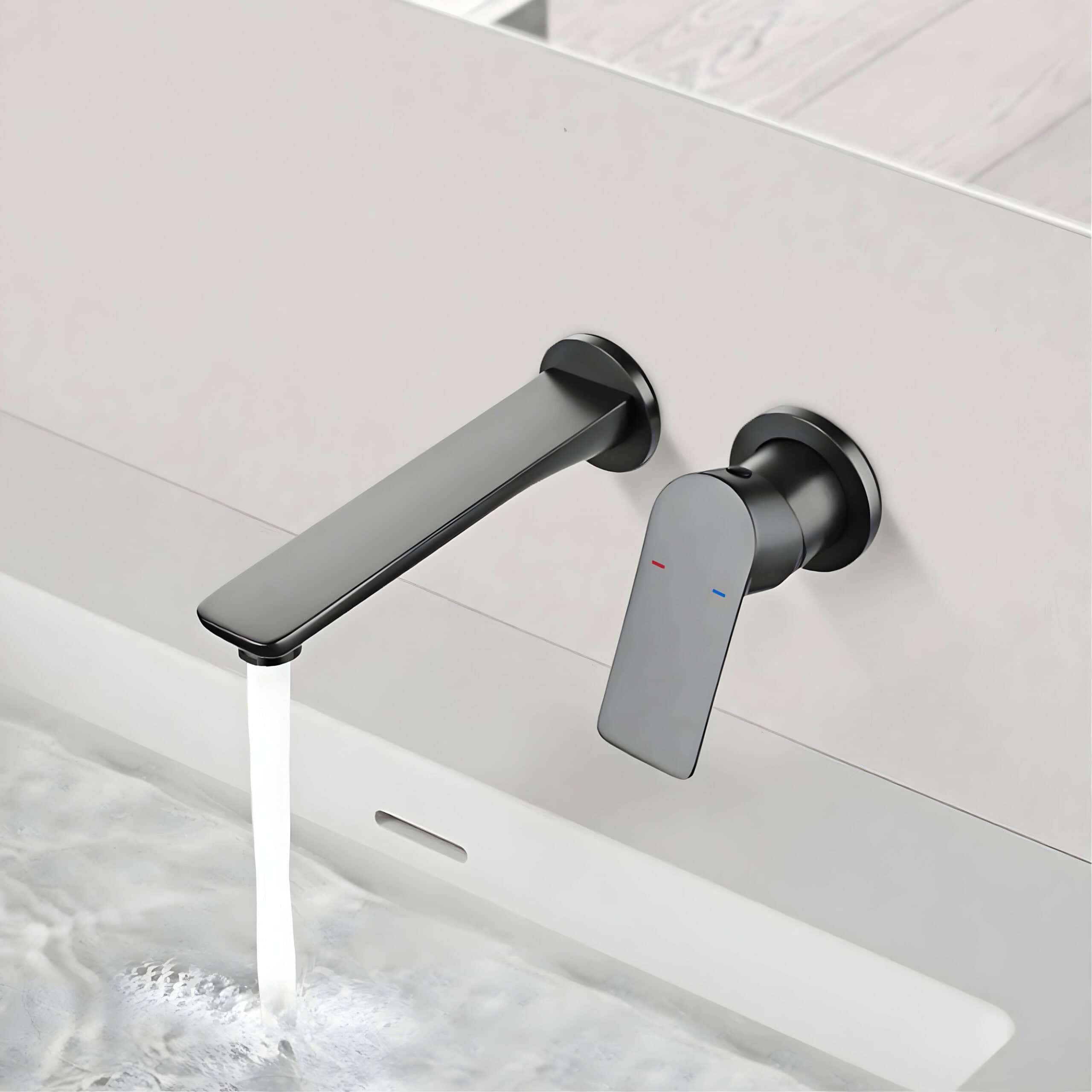 Sleek black and gray modern bathroom faucet with digital temperature controls, mounted on a white wall, with water flowing into a white sink, illustrating contemporary bathroom faucet design.