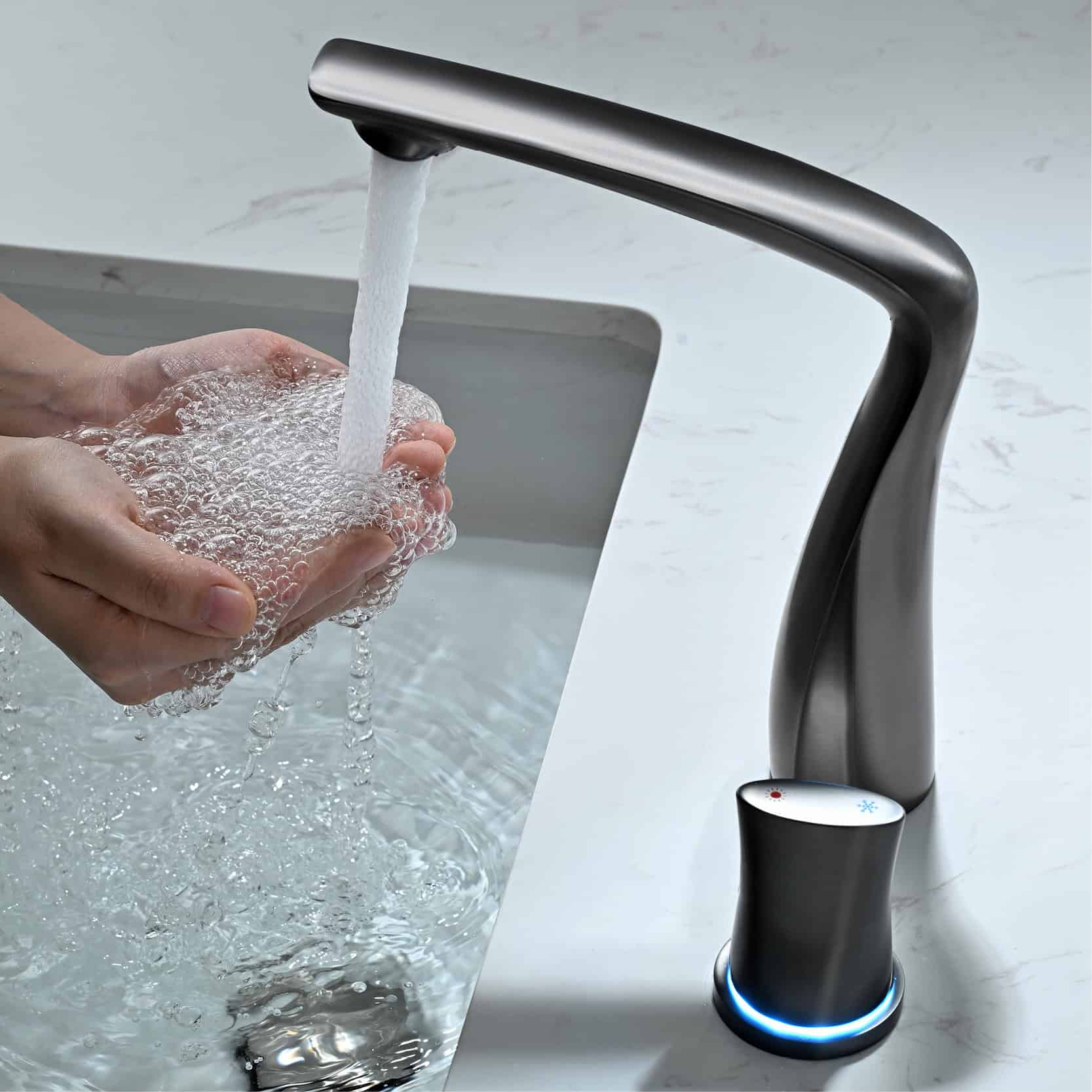 Sleek modern kitchen faucet with touchless activation and LED indicator, water flowing into hands under running tap, emphasizing hygiene and convenience in kitchen sink design.