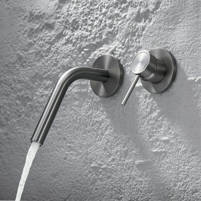 Sleek stainless steel wall-mounted faucet with long spout and modern design, ideal for minimalistic bathroom or kitchen decor.