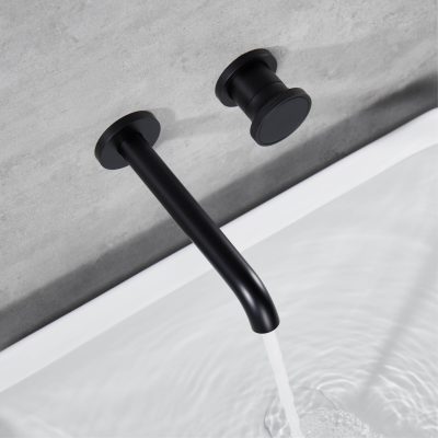 Sleek black wall-mounted faucet and control knob for bathroom sink, modern minimalist design for stylish and functional bathroom decor.