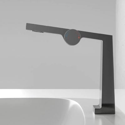 Elegant modern black bathroom faucet with temperature control knob for stylish sink installation.