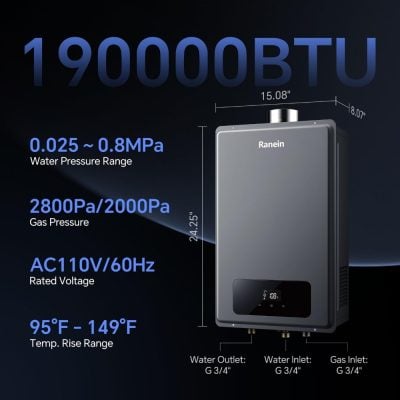 High-efficiency water heater with 19,000 BTU, 0.025~0.8 MPa water pressure range, and gas pressure of 2800Pa/2000Pa, suitable for reliable hot water in medical and aesthetic clinics.