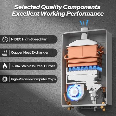 High-efficiency water heater with copper heat exchanger, stainless-steel burner, high-speed fan, and precision computer chips for reliable hot water solutions.