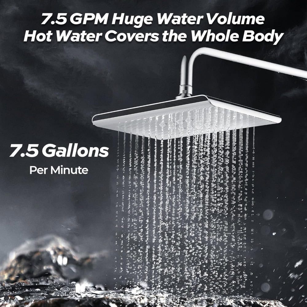 Elegant black and white showerhead showcasing high water flow and modern design, perfect for luxury bathroom upgrades and efficient water coverage.