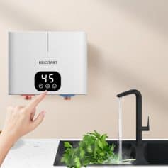 Water purifier with digital display and fresh herbs, modern kitchen appliance for clean drinking water.