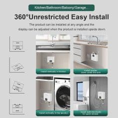 Automatic hot water temperature controller for kitchen, bathroom, balcony, and laundry installations. Easy 360° installation, adjustable display, suitable for various home areas. Compact design.