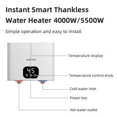 Compact smart water heater with digital temperature display and control knob for home or office use.