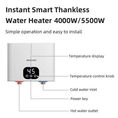 Compact smart water heater with digital temperature display and control knob for home or office use.