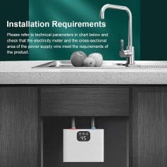 Installation requirements for modern kitchen water appliances at Monalisa Store, featuring a sleek faucet and digital temperature control system for efficient kitchen management.
