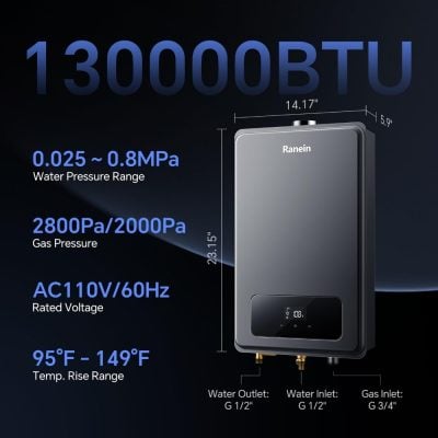 130000BTU tankless water heater with digital display, suitable for home and commercial use. Features high water pressure and temperature control, ideal for energy-efficient water heating solutions.