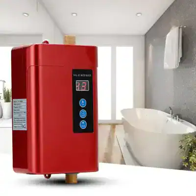 Mini hot water heater in a modern bathroom setting with a bathtub and natural lighting, ideal for home and wellness use.
