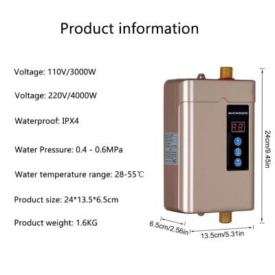 High-quality digital water heater with adjustable temperature, waterproof design, ideal for home and commercial use, featuring multiple voltage options and compact size.