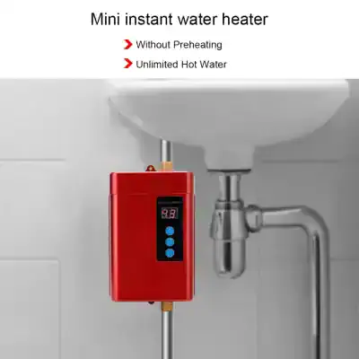 Efficient mini instant water heater for bathroom sinks, providing unlimited hot water without preheating, ideal for home and medical office use. Compact design with digital temperature display.