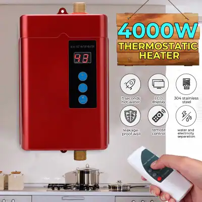 Mini water heater with LCD display, 304 stainless steel, 400W thermostic heater, leak-proof wall mounting, remote control, fast hot water in 3 seconds, suitable for household and commercial use.