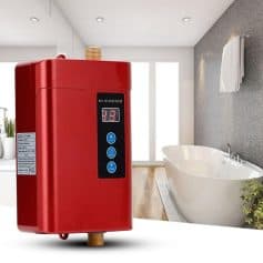 Portable water heater for home bathroom; compact, energy-efficient, and easy to install for instant hot water in residential bathrooms.