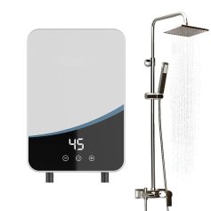 Digital shower controller with temperature display and rainfall showerhead, modern bathroom fixture for precise water flow control.