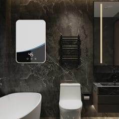 Modern bathroom with dark marble walls, smart water heater, black towel rack, and sleek fixtures at Monalisa Store.