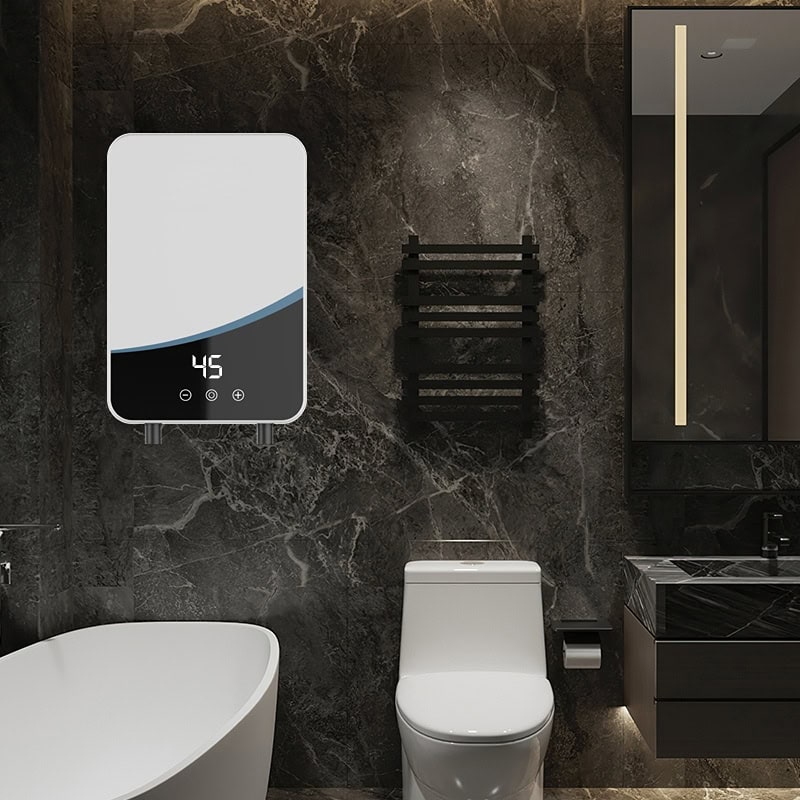 Modern bathroom with dark marble walls, smart water heater, black towel rack, and sleek fixtures at Monalisa Store.