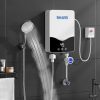 High-tech water heater panel with digital display mounted on a bathroom wall, providing hot water for showers and bathing, ideal for wellness and personal care.