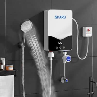 High-tech water heater panel with digital display mounted on a bathroom wall, providing hot water for showers and bathing, ideal for wellness and personal care.