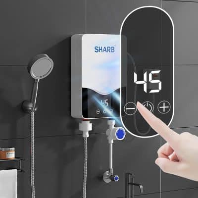 Temperature control water heater for bathroom with touch screen display and digital temperature adjustment. Easy to operate with safety features. Ideal for modern bathroom setups.