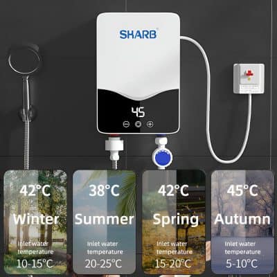 Sharb water heater displaying temperature control with digital screen and various inlet water temperature settings for different seasons, ideal for medical and health applications.