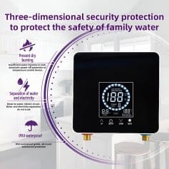 High-quality water temperature control device with digital display, designed for safe family water supply, featuring waterproof IPX4 grade, separation of water and electricity, and prevention of dry burning.